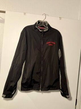 Port Authority Black Windbreaker with Gray Accents and Red Logo